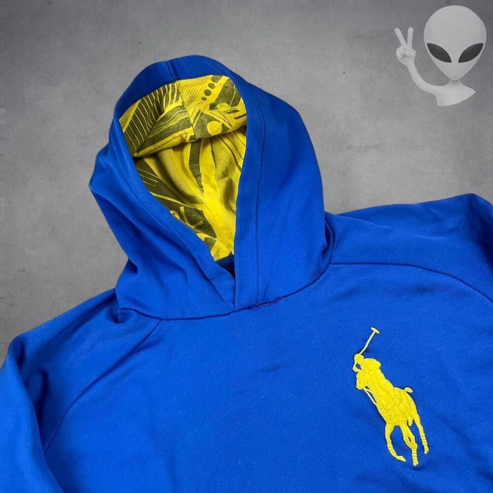 Polo Ralph Lauren Extra Large Royal Blue Big Pony Hoodie Yellow Contrast Fleece - Picture 4 of 8